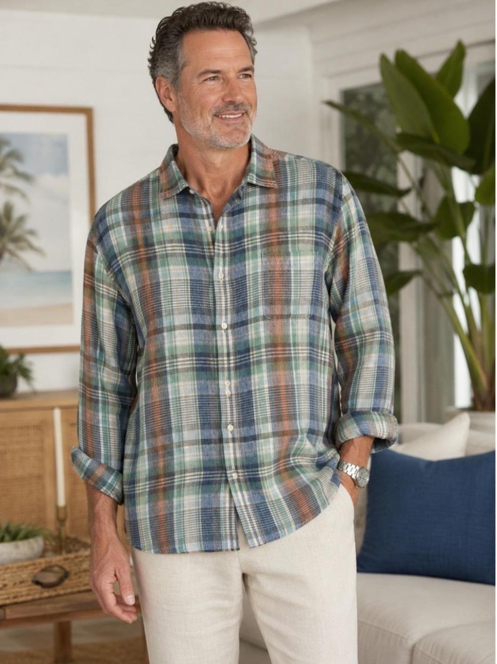 Tommy Bahama Shirt L Multicolor Plaid 100% Linen Long Sleeve Button-Up VINTAGE